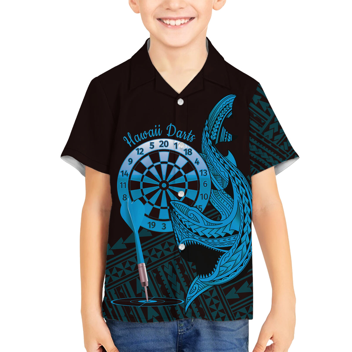 Aloha Hawaii Darts Family Matching Long Sleeve Bodycon Dress and Hawaiian Shirt Dart Board With Polynesian Shark - Blue LT14 Son's Shirt Blue - Polynesian Pride