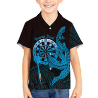 Aloha Hawaii Darts Family Matching Long Sleeve Bodycon Dress and Hawaiian Shirt Dart Board With Polynesian Shark - Blue LT14 Son's Shirt Blue - Polynesian Pride