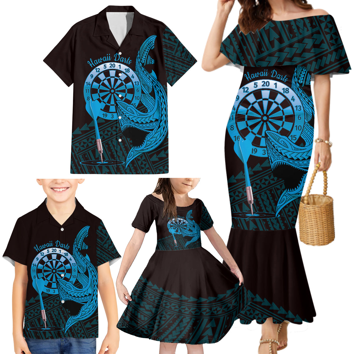 Aloha Hawaii Darts Family Matching Mermaid Dress and Hawaiian Shirt Dart Board With Polynesian Shark - Blue LT14 - Polynesian Pride