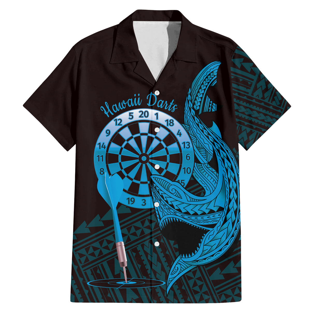 Aloha Hawaii Darts Family Matching Mermaid Dress and Hawaiian Shirt Dart Board With Polynesian Shark - Blue LT14 Dad's Shirt - Short Sleeve Blue - Polynesian Pride