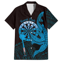 Aloha Hawaii Darts Family Matching Short Sleeve Bodycon Dress and Hawaiian Shirt Dart Board With Polynesian Shark - Blue LT14 Dad's Shirt - Short Sleeve Blue - Polynesian Pride