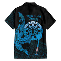 Aloha Hawaii Darts Family Matching Short Sleeve Bodycon Dress and Hawaiian Shirt Dart Board With Polynesian Shark - Blue LT14 - Polynesian Pride