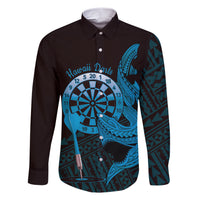 Aloha Hawaii Darts Family Matching Short Sleeve Bodycon Dress and Hawaiian Shirt Dart Board With Polynesian Shark - Blue LT14 Dad's Shirt - Long Sleeve Blue - Polynesian Pride