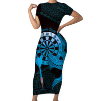 Aloha Hawaii Darts Family Matching Short Sleeve Bodycon Dress and Hawaiian Shirt Dart Board With Polynesian Shark - Blue LT14 Mom's Dress Blue - Polynesian Pride
