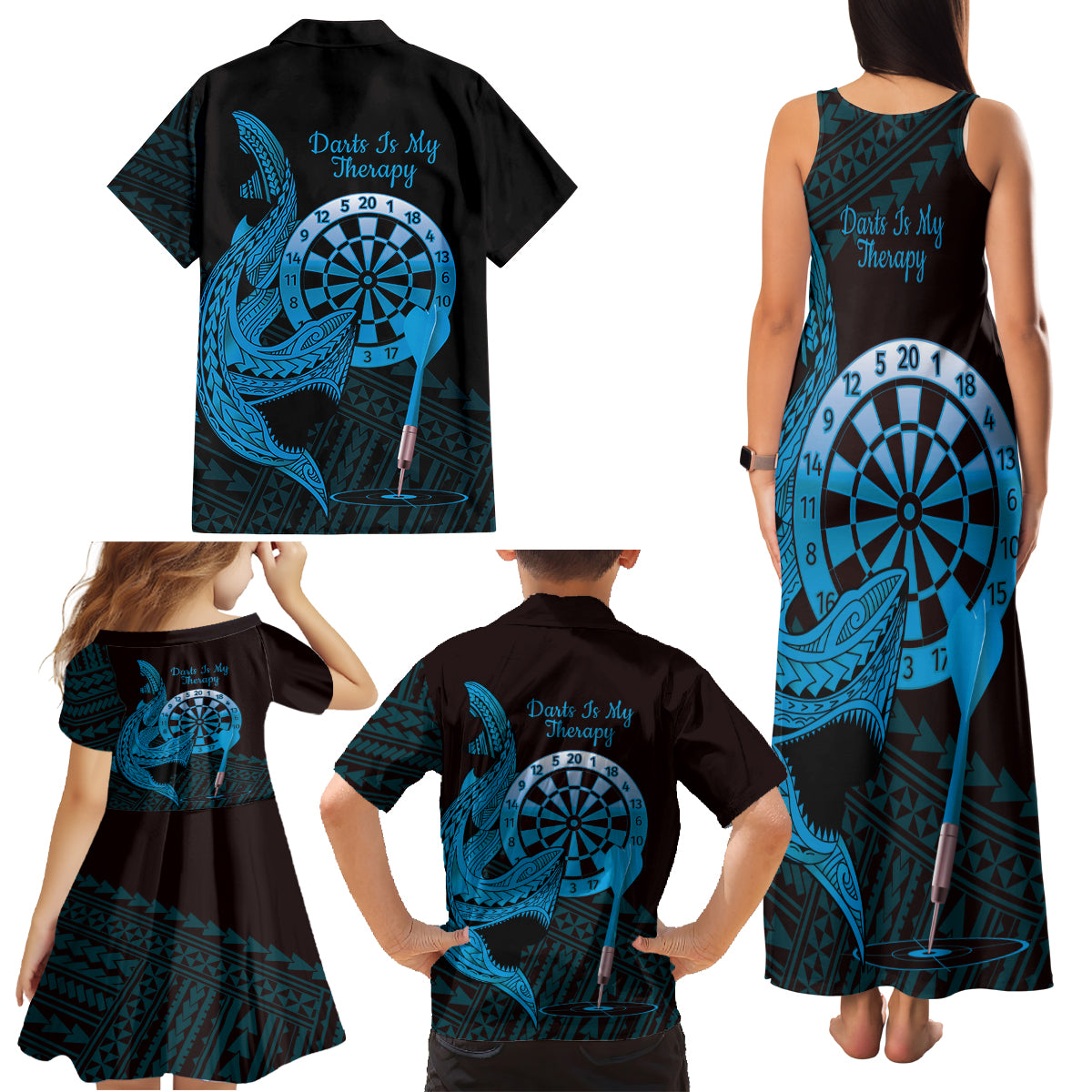 Aloha Hawaii Darts Family Matching Tank Maxi Dress and Hawaiian Shirt Dart Board With Polynesian Shark - Blue