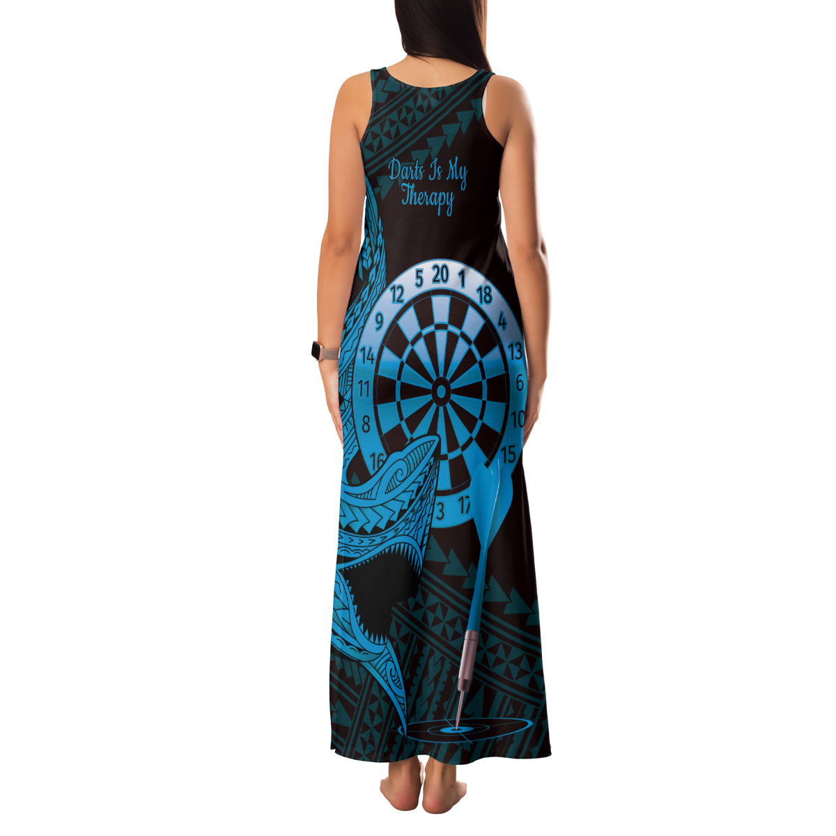 Aloha Hawaii Darts Family Matching Tank Maxi Dress and Hawaiian Shirt Dart Board With Polynesian Shark - Blue