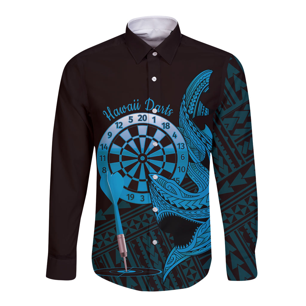 Aloha Hawaii Darts Long Sleeve Button Shirt Dart Board With Polynesian Shark - Blue