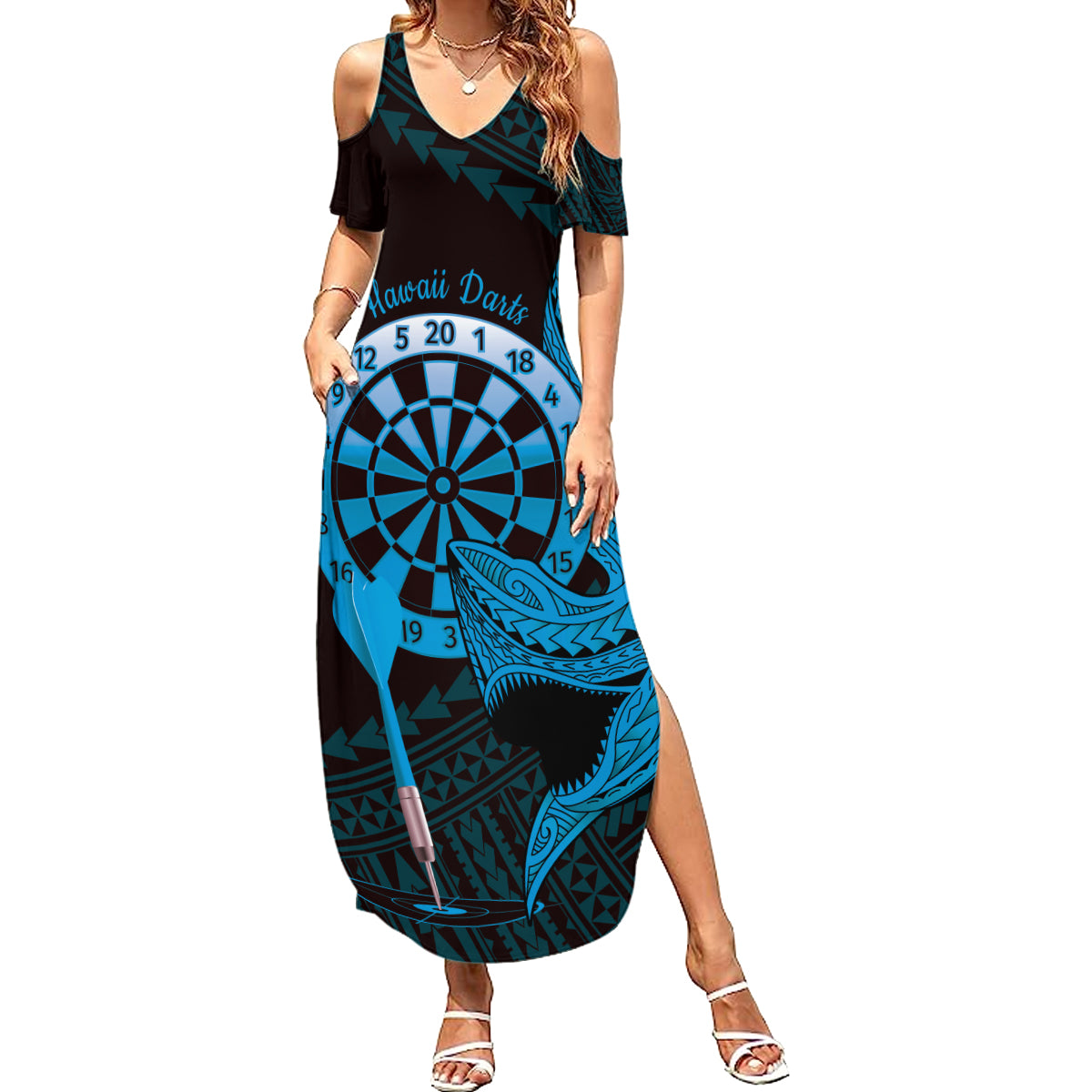 Aloha Hawaii Darts Summer Maxi Dress Dart Board With Polynesian Shark - Blue