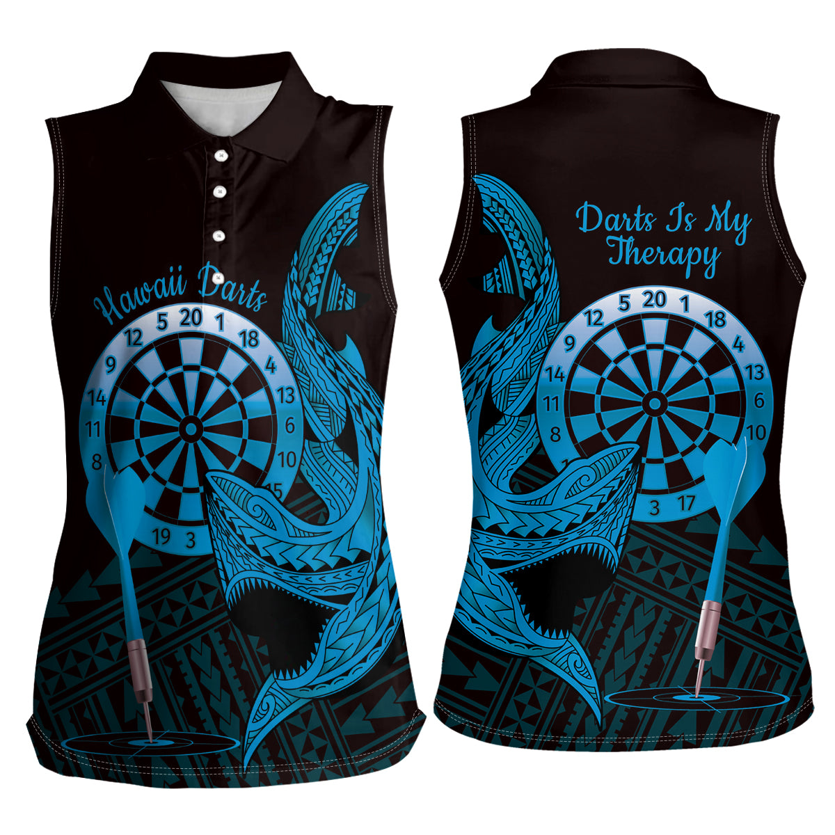 Aloha Hawaii Darts Women Sleeveless Polo Shirt Dart Board With Polynesian Shark - Blue