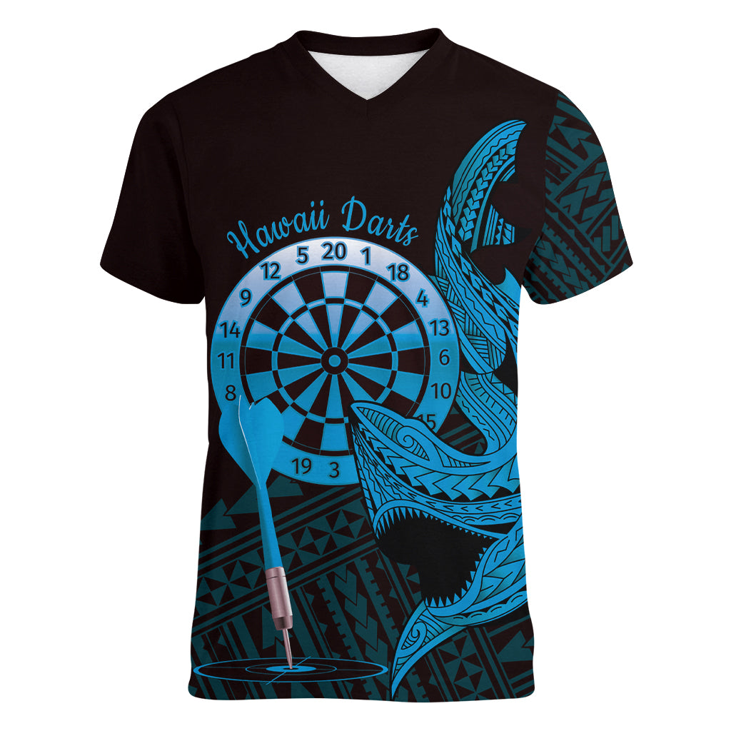 Aloha Hawaii Darts Women V-Neck T-Shirt Dart Board With Polynesian Shark - Blue