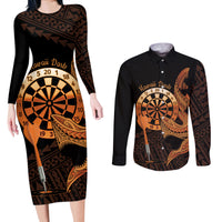 Aloha Hawaii Darts Couples Matching Long Sleeve Bodycon Dress and Long Sleeve Button Shirt Dart Board With Polynesian Shark - Gold