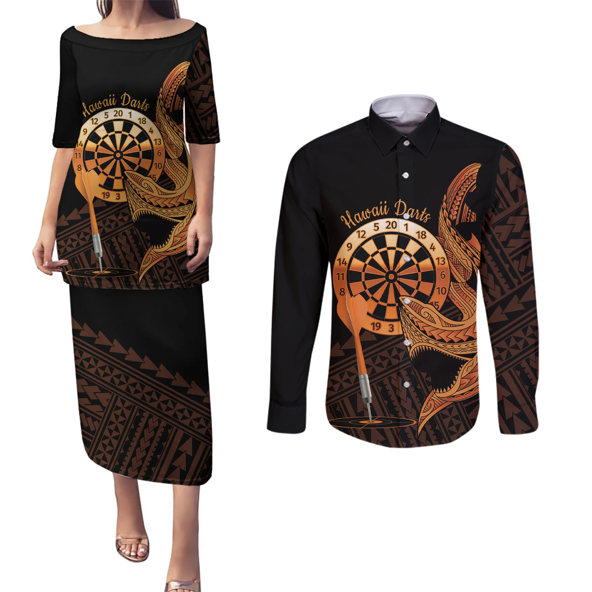 Aloha Hawaii Darts Couples Matching Puletasi and Long Sleeve Button Shirt Dart Board With Polynesian Shark - Gold