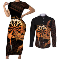 Aloha Hawaii Darts Couples Matching Short Sleeve Bodycon Dress and Long Sleeve Button Shirt Dart Board With Polynesian Shark - Gold