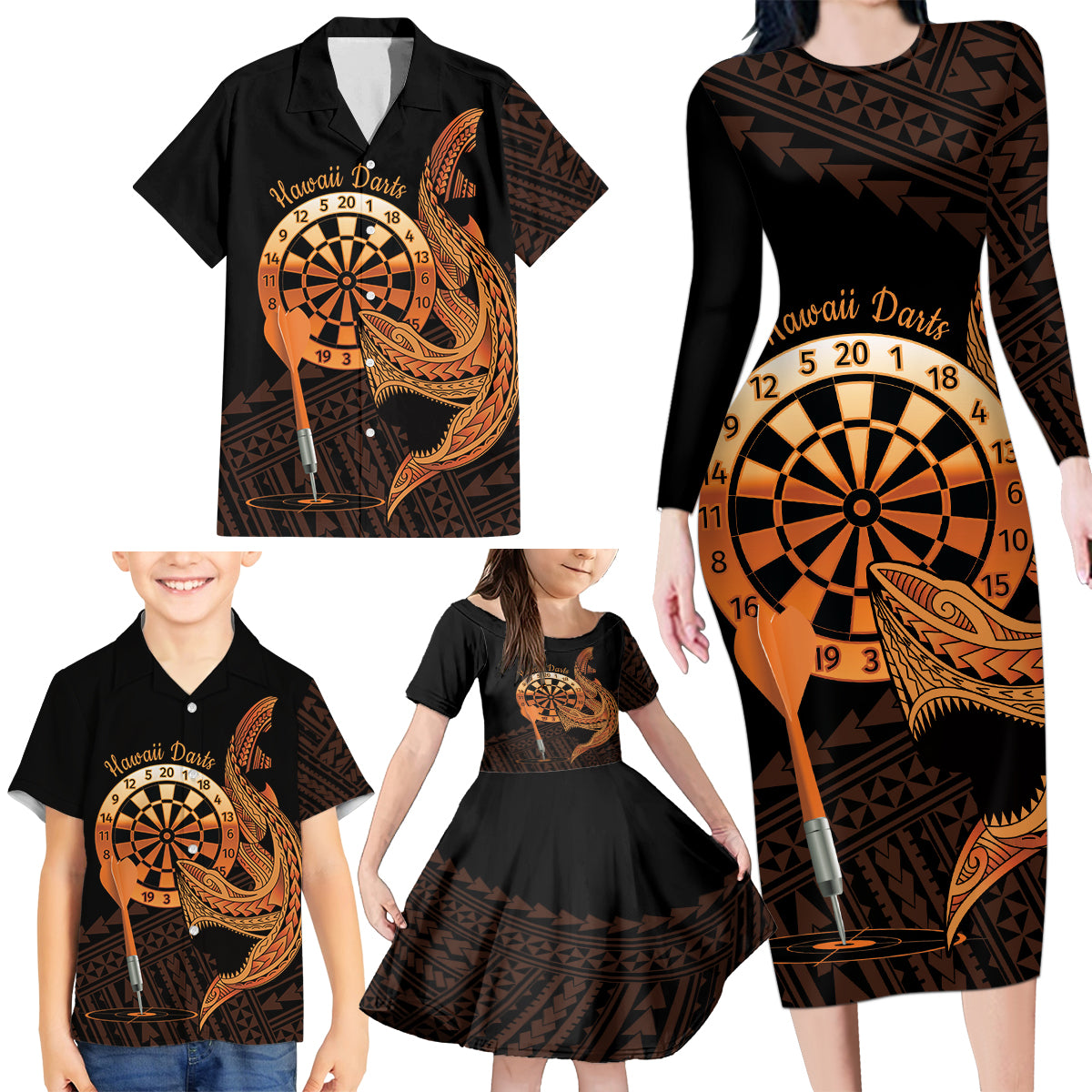 Aloha Hawaii Darts Family Matching Long Sleeve Bodycon Dress and Hawaiian Shirt Dart Board With Polynesian Shark - Gold LT14 - Polynesian Pride