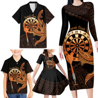 Aloha Hawaii Darts Family Matching Long Sleeve Bodycon Dress and Hawaiian Shirt Dart Board With Polynesian Shark - Gold LT14 - Polynesian Pride