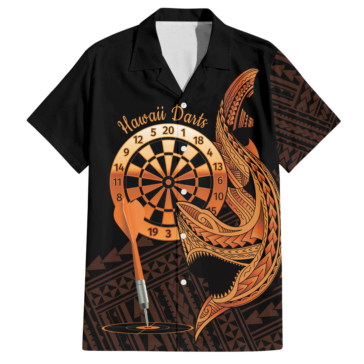 Aloha Hawaii Darts Family Matching Long Sleeve Bodycon Dress and Hawaiian Shirt Dart Board With Polynesian Shark - Gold LT14 Dad's Shirt - Short Sleeve Gold - Polynesian Pride
