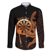 Aloha Hawaii Darts Family Matching Long Sleeve Bodycon Dress and Hawaiian Shirt Dart Board With Polynesian Shark - Gold LT14 Dad's Shirt - Long Sleeve Gold - Polynesian Pride