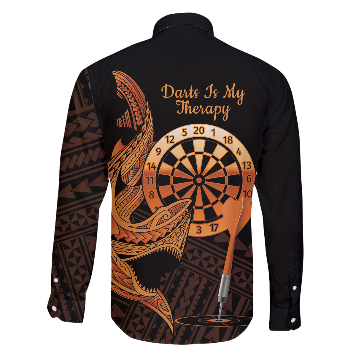 Aloha Hawaii Darts Family Matching Long Sleeve Bodycon Dress and Hawaiian Shirt Dart Board With Polynesian Shark - Gold LT14 - Polynesian Pride