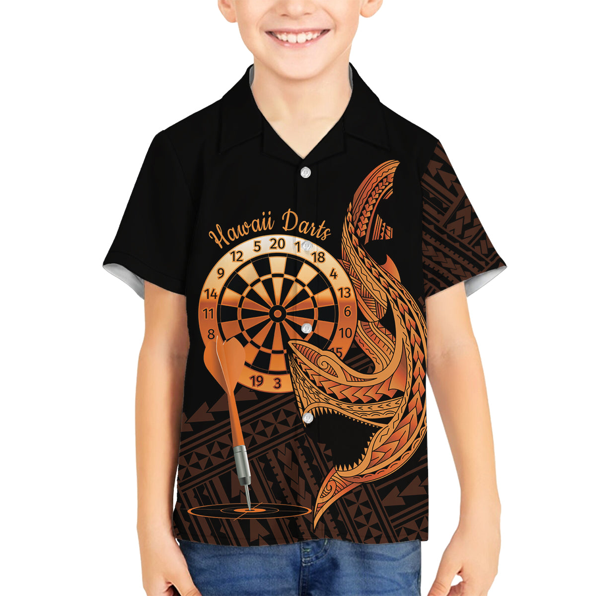 Aloha Hawaii Darts Family Matching Long Sleeve Bodycon Dress and Hawaiian Shirt Dart Board With Polynesian Shark - Gold LT14 Son's Shirt Gold - Polynesian Pride