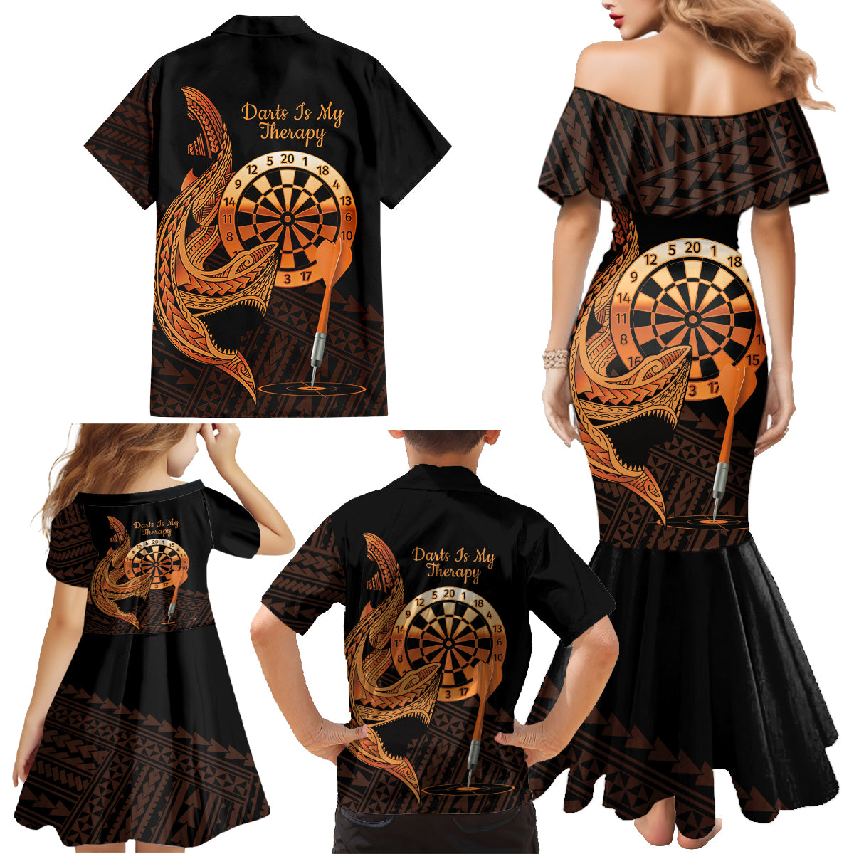 Aloha Hawaii Darts Family Matching Mermaid Dress and Hawaiian Shirt Dart Board With Polynesian Shark - Gold LT14 - Polynesian Pride