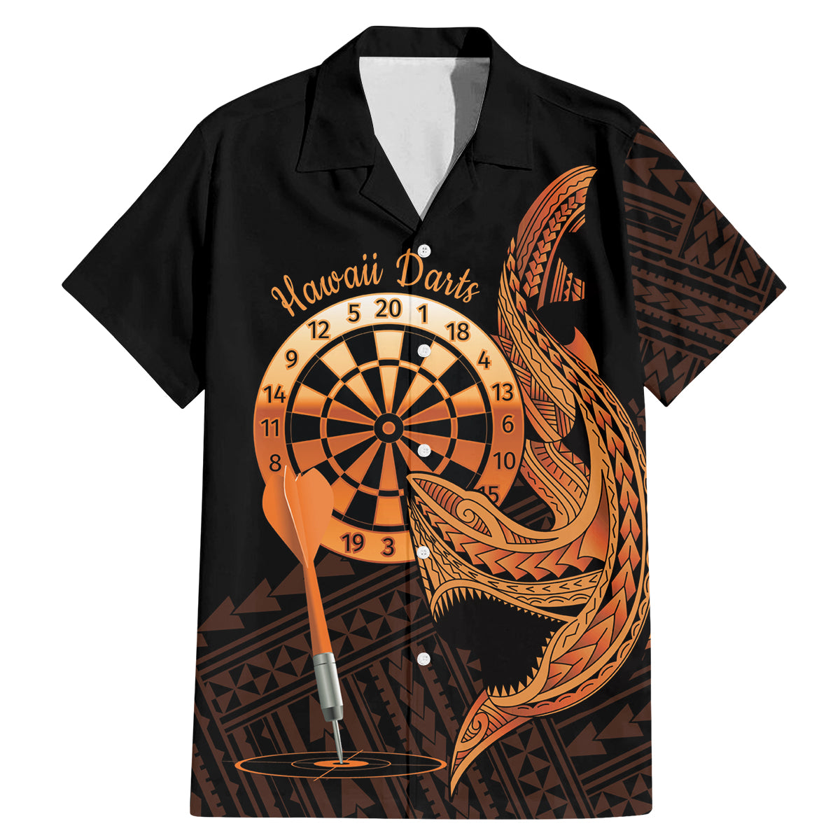 Aloha Hawaii Darts Family Matching Mermaid Dress and Hawaiian Shirt Dart Board With Polynesian Shark - Gold LT14 Dad's Shirt - Short Sleeve Gold - Polynesian Pride
