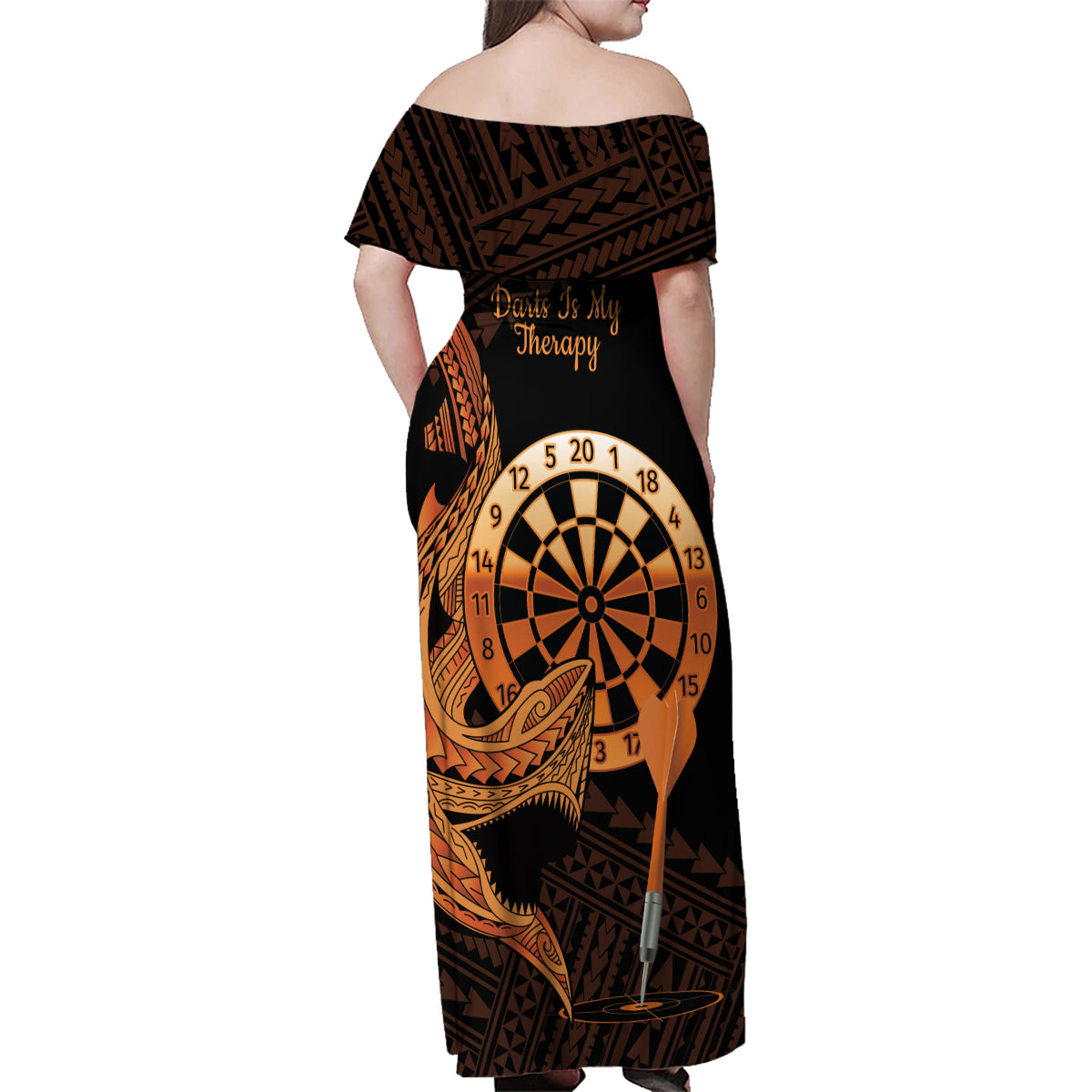 Aloha Hawaii Darts Family Matching Off Shoulder Maxi Dress and Hawaiian Shirt Dart Board With Polynesian Shark - Gold