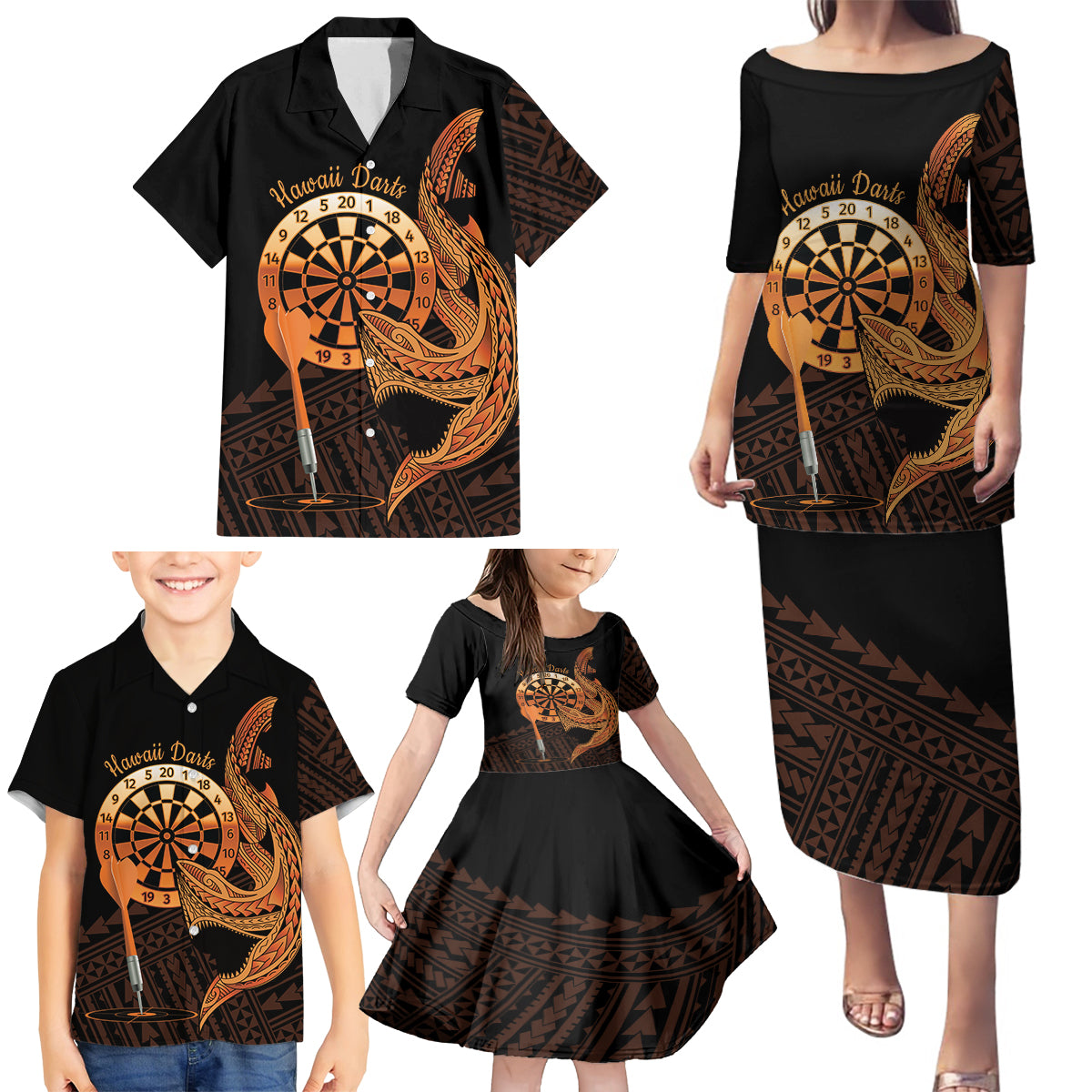 Aloha Hawaii Darts Family Matching Puletasi and Hawaiian Shirt Dart Board With Polynesian Shark - Gold LT14 - Polynesian Pride
