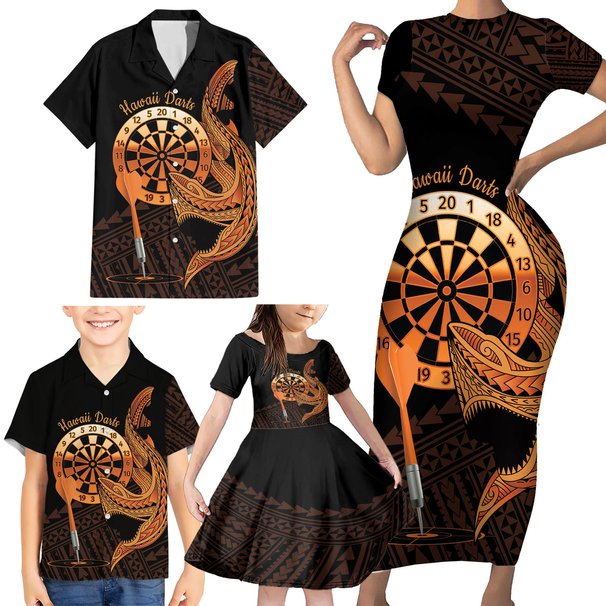 Aloha Hawaii Darts Family Matching Short Sleeve Bodycon Dress and Hawaiian Shirt Dart Board With Polynesian Shark - Gold LT14 - Polynesian Pride