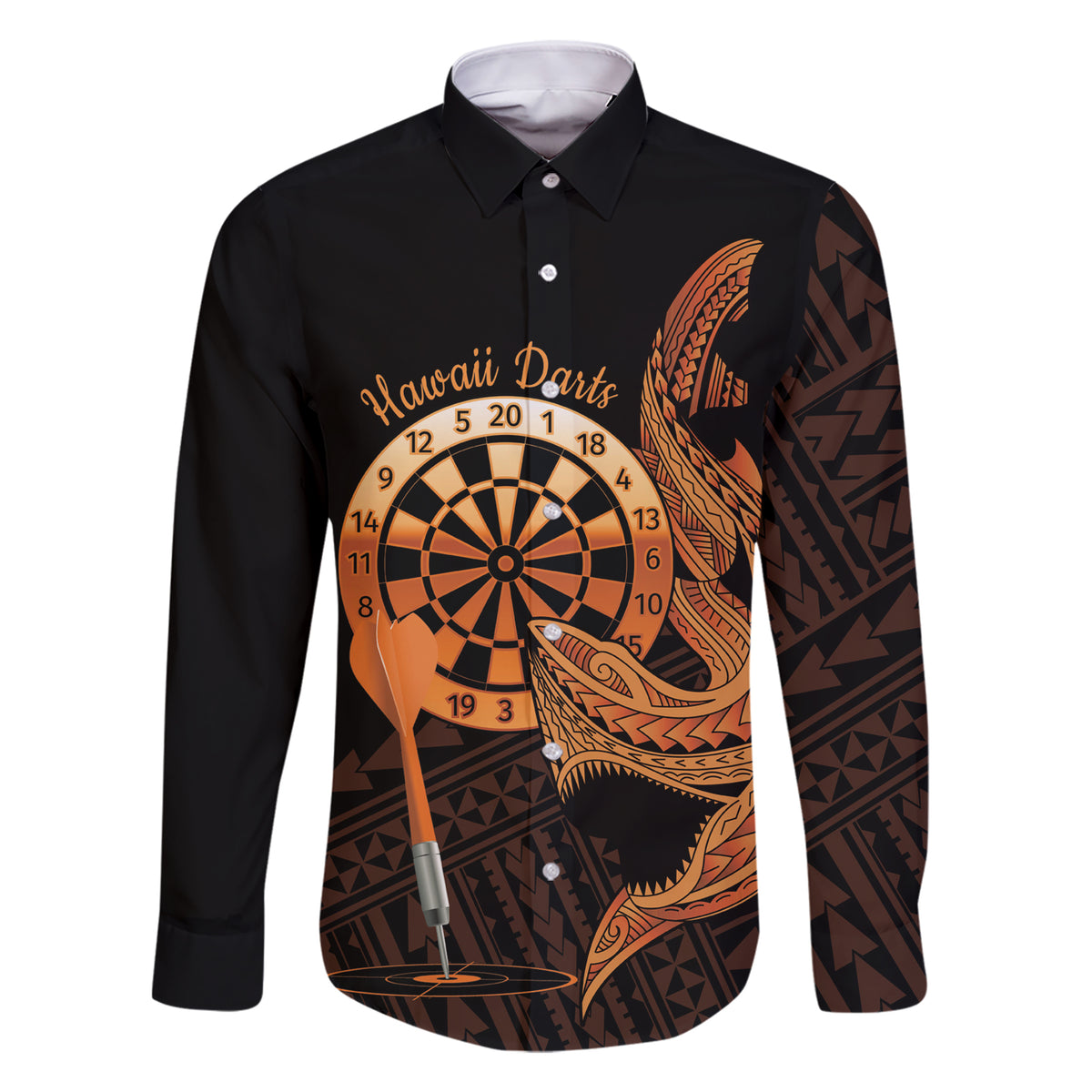Aloha Hawaii Darts Family Matching Short Sleeve Bodycon Dress and Hawaiian Shirt Dart Board With Polynesian Shark - Gold LT14 Dad's Shirt - Long Sleeve Gold - Polynesian Pride
