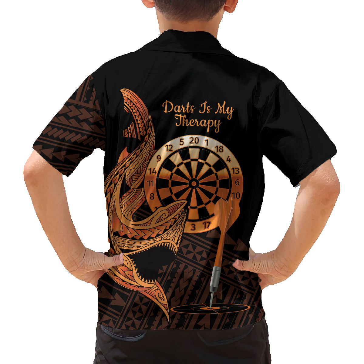Aloha Hawaii Darts Family Matching Tank Maxi Dress and Hawaiian Shirt Dart Board With Polynesian Shark - Gold