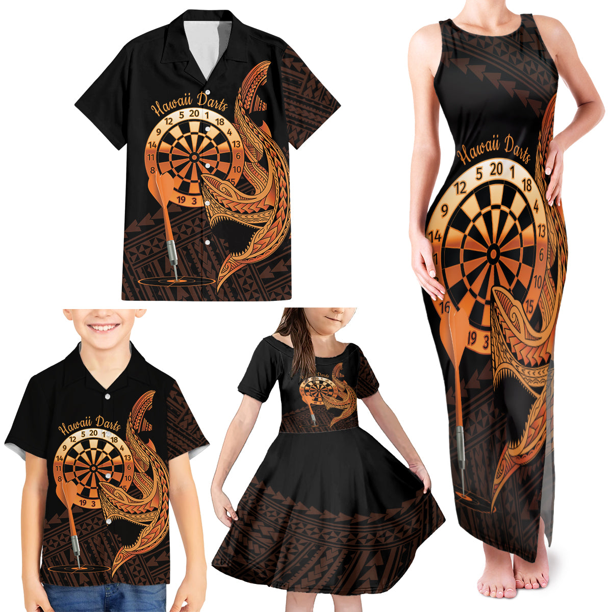 Aloha Hawaii Darts Family Matching Tank Maxi Dress and Hawaiian Shirt Dart Board With Polynesian Shark - Gold