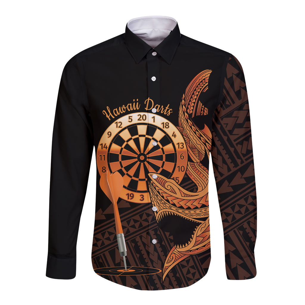 Aloha Hawaii Darts Long Sleeve Button Shirt Dart Board With Polynesian Shark - Gold