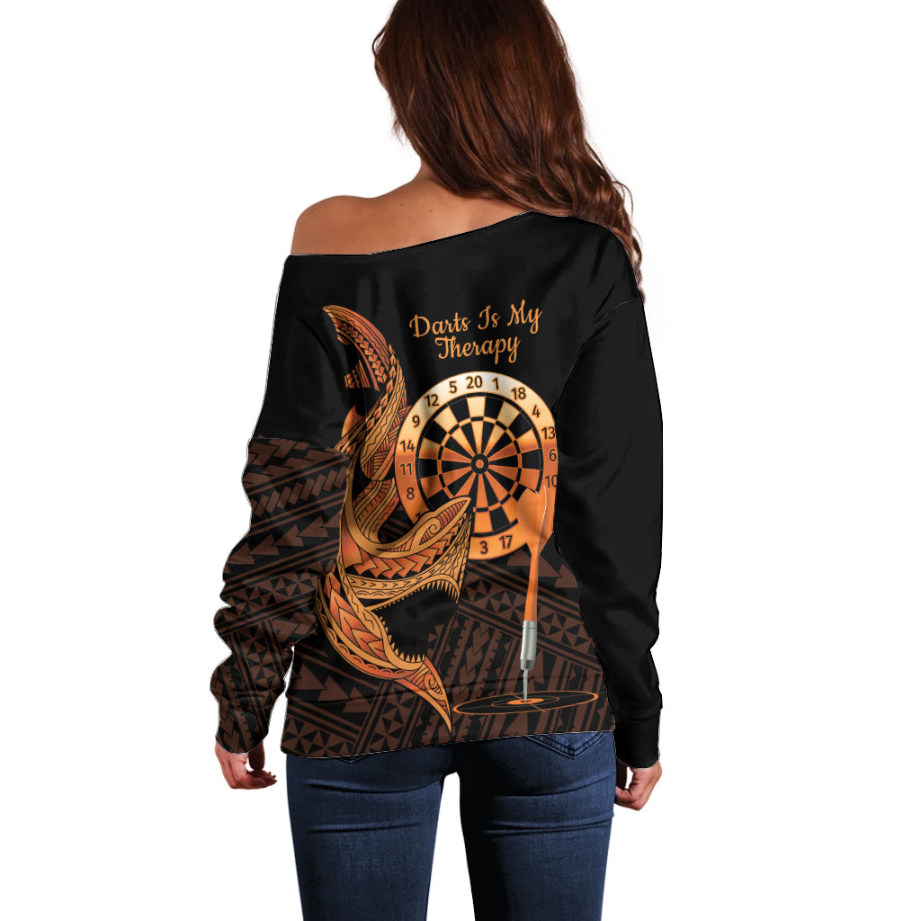 Aloha Hawaii Darts Off Shoulder Sweater Dart Board With Polynesian Shark - Gold