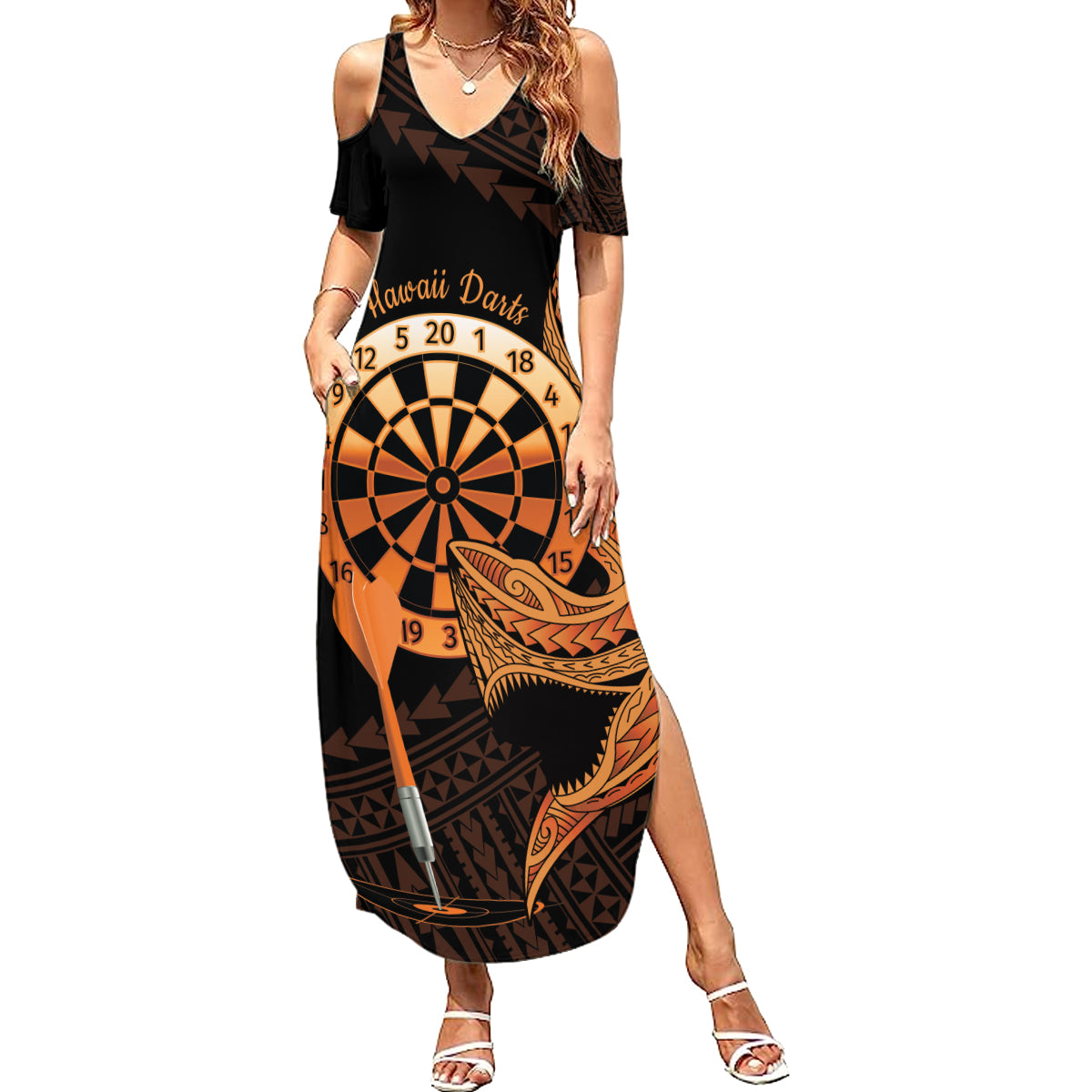 Aloha Hawaii Darts Summer Maxi Dress Dart Board With Polynesian Shark - Gold