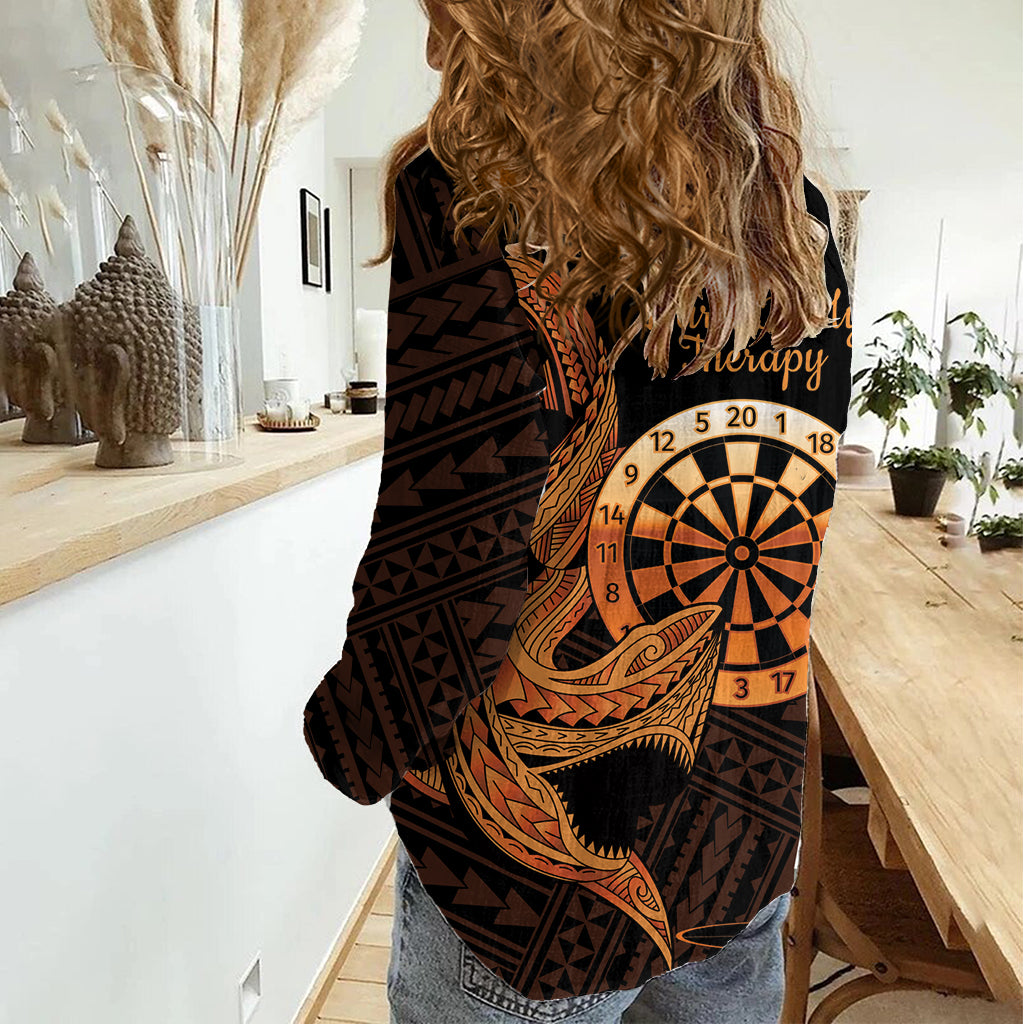 Aloha Hawaii Darts Women Casual Shirt Dart Board With Polynesian Shark - Gold