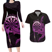 Aloha Hawaii Darts Couples Matching Long Sleeve Bodycon Dress and Hawaiian Shirt Dart Board With Polynesian Shark - Purple LT14 Purple - Polynesian Pride