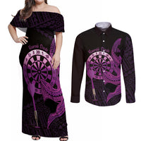 Aloha Hawaii Darts Couples Matching Off Shoulder Maxi Dress and Long Sleeve Button Shirt Dart Board With Polynesian Shark - Purple
