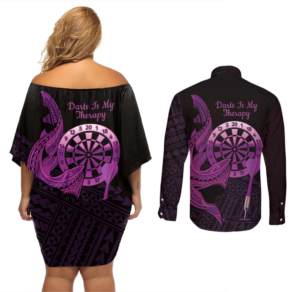 Aloha Hawaii Darts Couples Matching Off Shoulder Short Dress and Long Sleeve Button Shirt Dart Board With Polynesian Shark - Purple