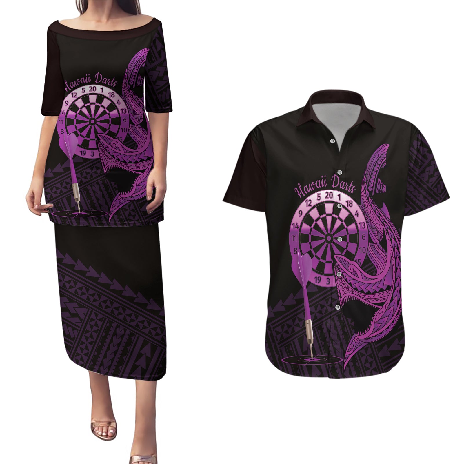 Aloha Hawaii Darts Couples Matching Puletasi and Hawaiian Shirt Dart Board With Polynesian Shark - Purple
