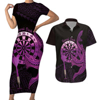 Aloha Hawaii Darts Couples Matching Short Sleeve Bodycon Dress and Hawaiian Shirt Dart Board With Polynesian Shark - Purple LT14 Purple - Polynesian Pride