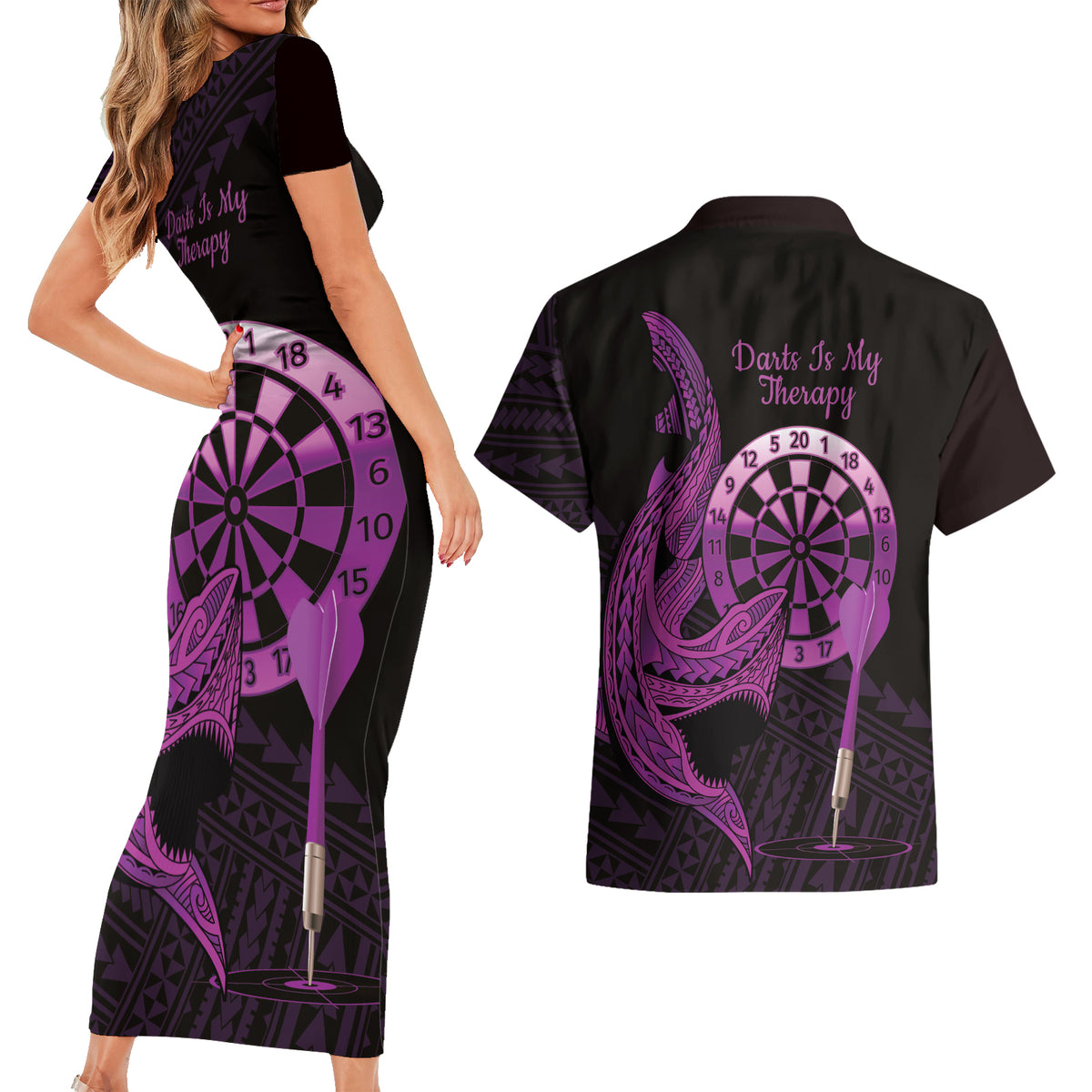 Aloha Hawaii Darts Couples Matching Short Sleeve Bodycon Dress and Hawaiian Shirt Dart Board With Polynesian Shark - Purple LT14 - Polynesian Pride
