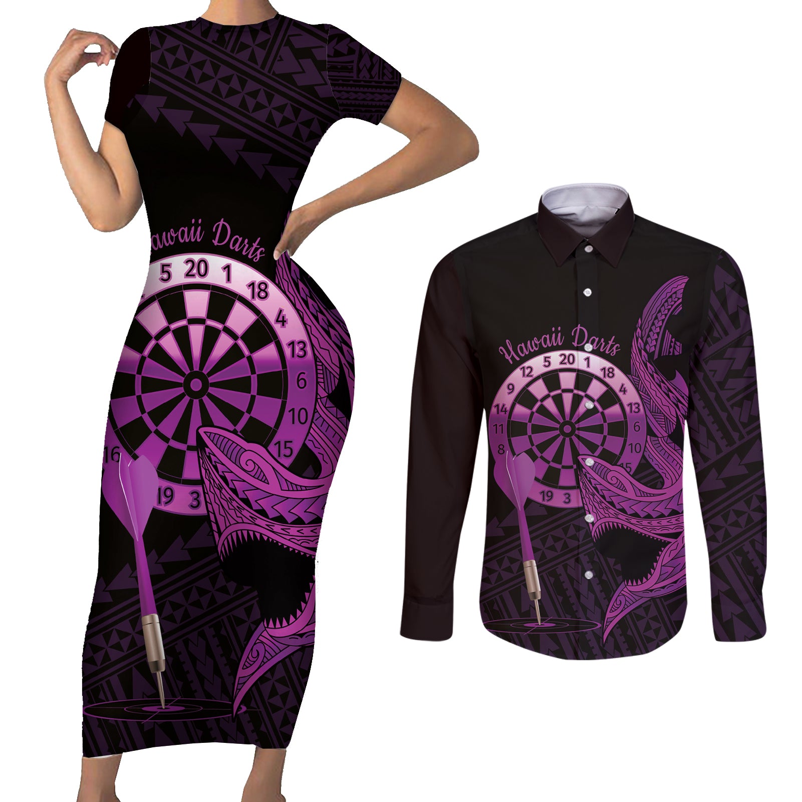 Aloha Hawaii Darts Couples Matching Short Sleeve Bodycon Dress and Long Sleeve Button Shirt Dart Board With Polynesian Shark - Purple