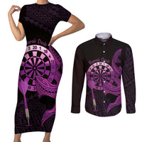 Aloha Hawaii Darts Couples Matching Short Sleeve Bodycon Dress and Long Sleeve Button Shirt Dart Board With Polynesian Shark - Purple