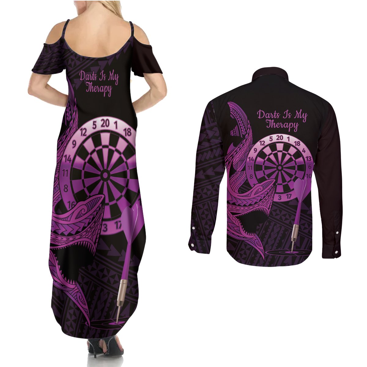 Aloha Hawaii Darts Couples Matching Summer Maxi Dress and Long Sleeve Button Shirt Dart Board With Polynesian Shark - Purple