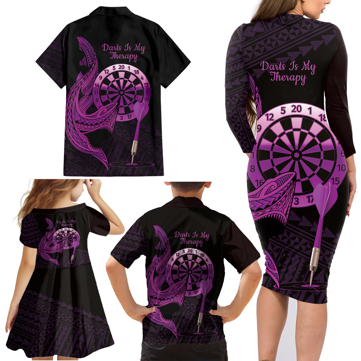 Aloha Hawaii Darts Family Matching Long Sleeve Bodycon Dress and Hawaiian Shirt Dart Board With Polynesian Shark - Purple LT14 - Polynesian Pride