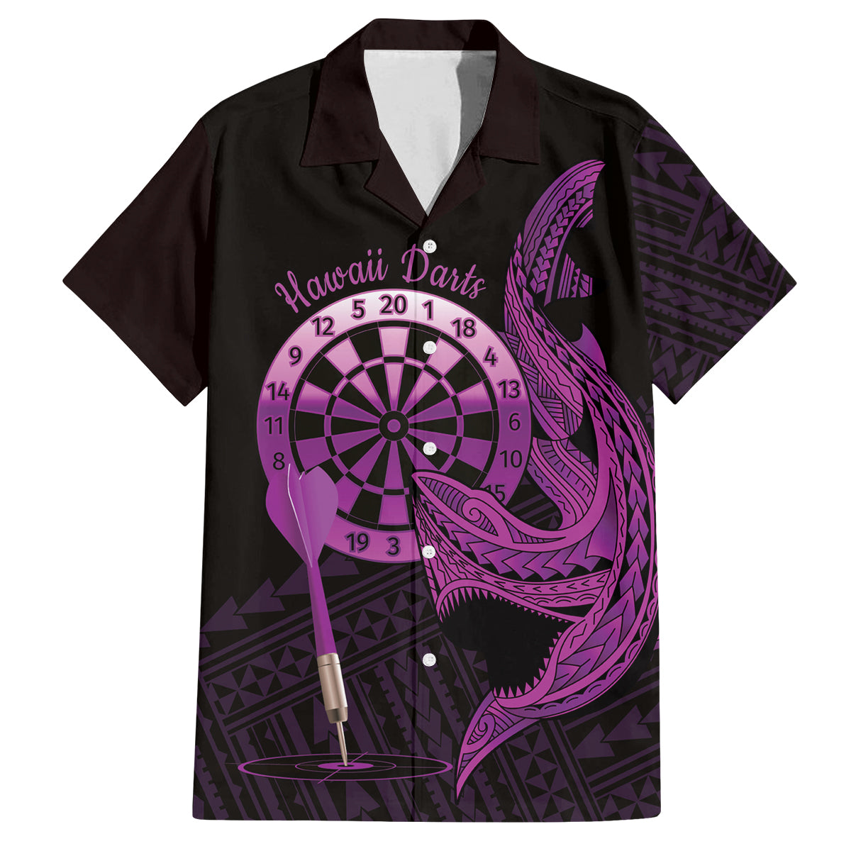 Aloha Hawaii Darts Family Matching Long Sleeve Bodycon Dress and Hawaiian Shirt Dart Board With Polynesian Shark - Purple LT14 Dad's Shirt - Short Sleeve Purple - Polynesian Pride