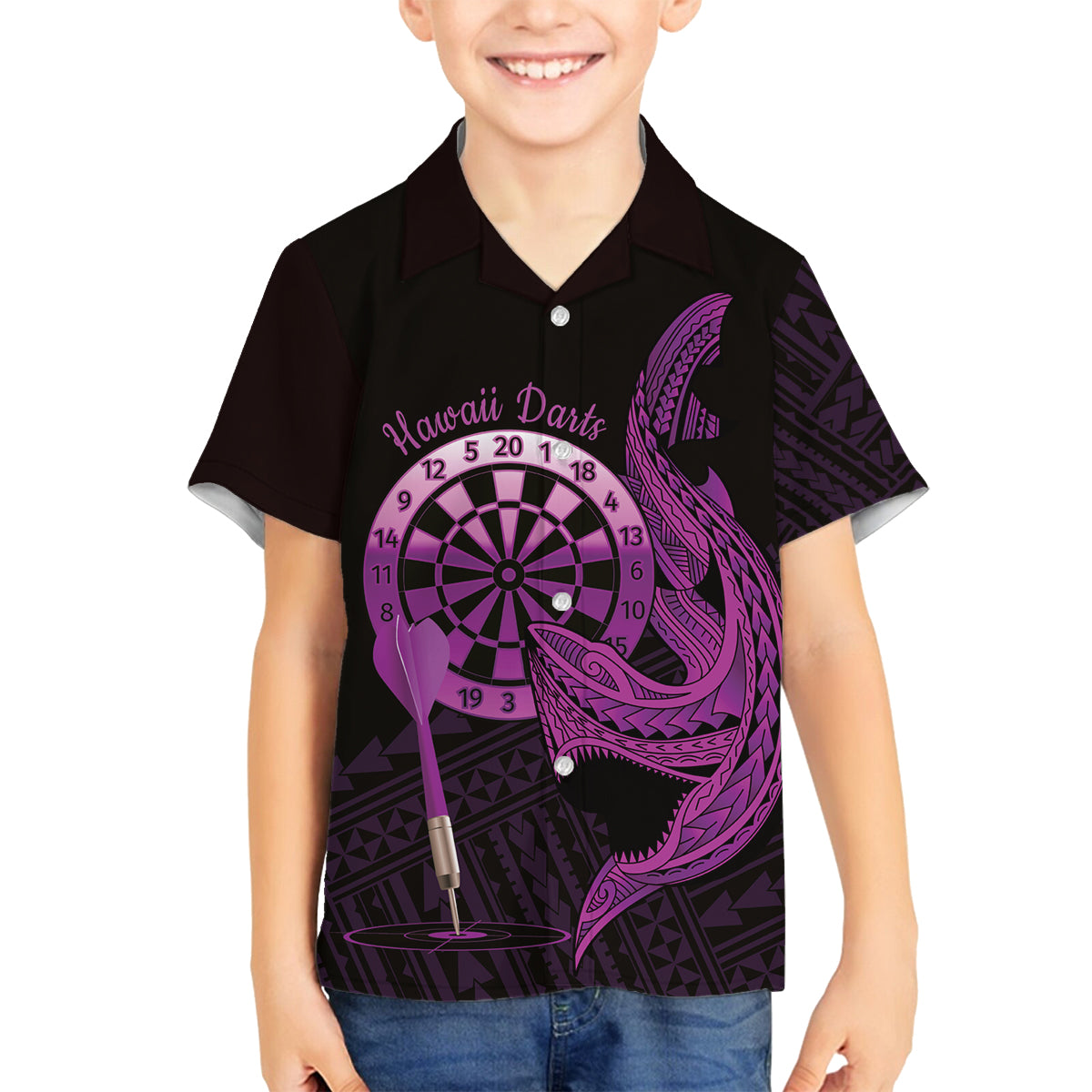 Aloha Hawaii Darts Family Matching Long Sleeve Bodycon Dress and Hawaiian Shirt Dart Board With Polynesian Shark - Purple LT14 Son's Shirt Purple - Polynesian Pride