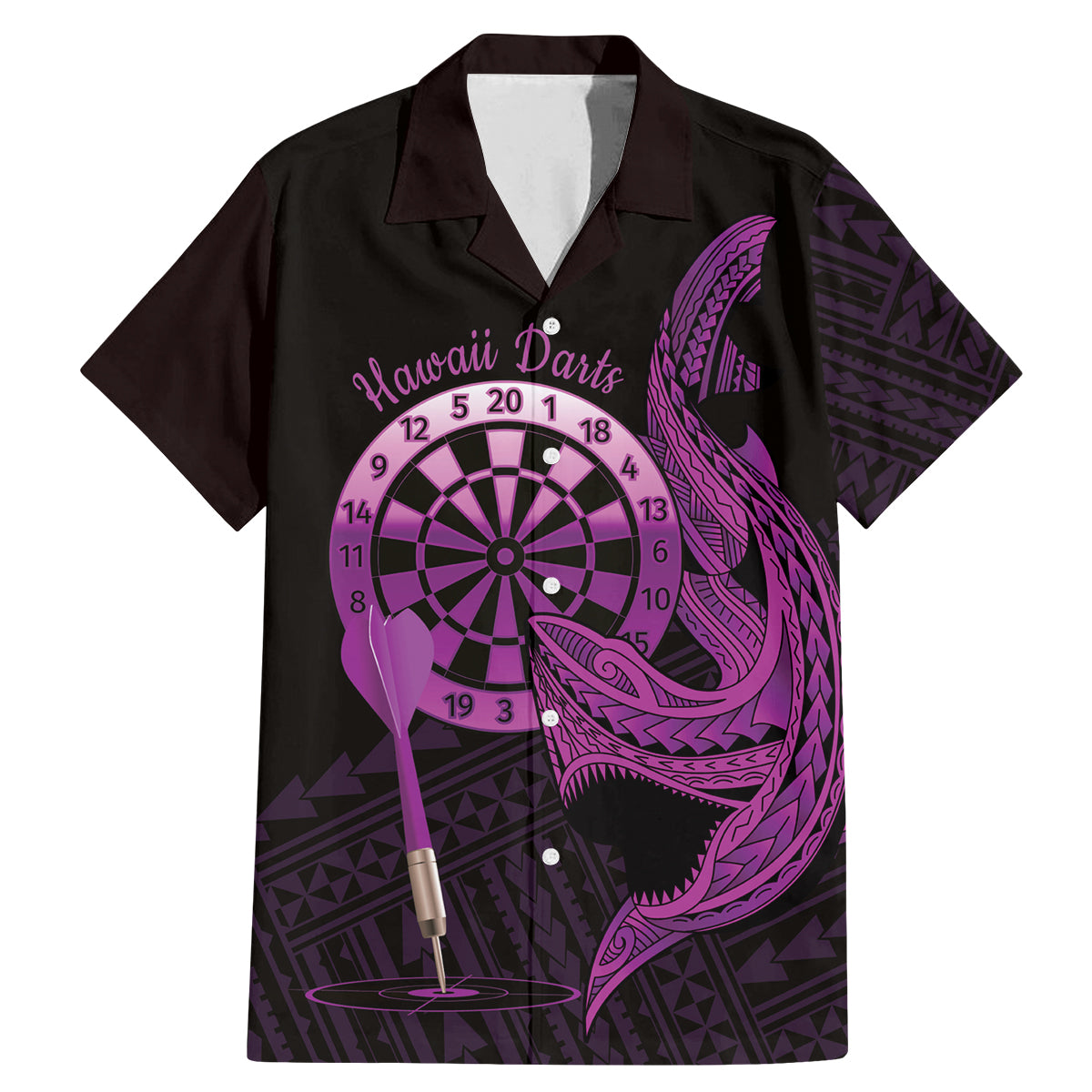 Aloha Hawaii Darts Family Matching Mermaid Dress and Hawaiian Shirt Dart Board With Polynesian Shark - Purple LT14 Dad's Shirt - Short Sleeve Purple - Polynesian Pride