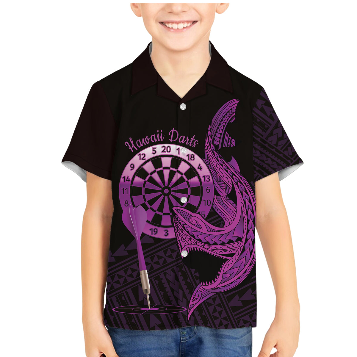 Aloha Hawaii Darts Family Matching Mermaid Dress and Hawaiian Shirt Dart Board With Polynesian Shark - Purple LT14 Son's Shirt Purple - Polynesian Pride