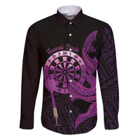 Aloha Hawaii Darts Family Matching Puletasi and Hawaiian Shirt Dart Board With Polynesian Shark - Purple LT14 Dad's Shirt - Long Sleeve Purple - Polynesian Pride